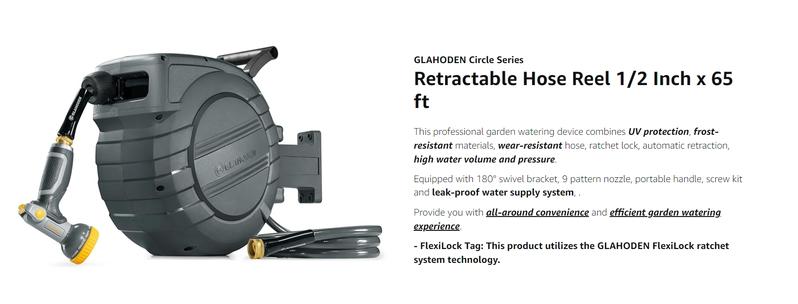 GLAHODEN Retractable Hose Reel, Max 130 FT / 115 FT / 100FT / 65FT Garden Water Hose Reel with 9-Pattern Nozzle, 180° Swivel Bracket Wall-Mounted, Automatic Rewind, Lock at Any Length, with Slow Return System，Optional Metal Bracket