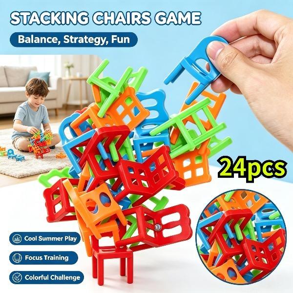 24pcs Colorful Mini Stacking Chair Balance Game Toys - Kids' Tabletop Toy for Concentration, Hand-Eye Coordination Training, Happy Birthday Party Gifts, Festive Supplies