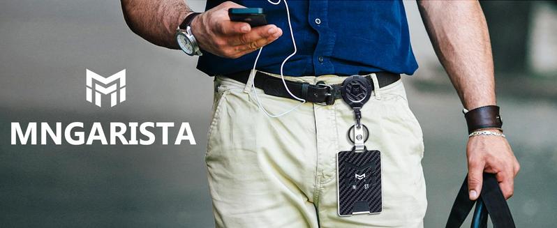 MNGARISTA Retractable Badge Holder, Heavy Duty Badge Reel Keychain with Belt Clip, 3K Carbon Fiber ID Card Holder Lanyard with 32.26" Retractable Key Chain, Black