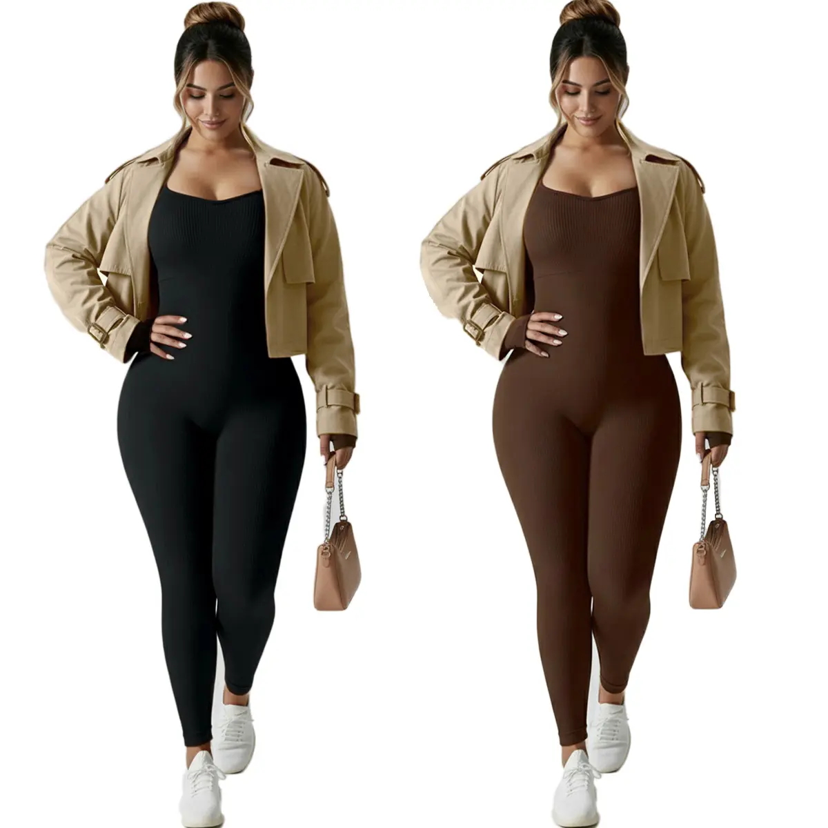 Women's Skinny Jumpsuit, Square Neck Long Sleeve Ribbed Seamless Bodysuit with Compression and Tummy Control for Gym Fitness Outfits, Activewear Clothing, Fitness Sport Outfits, Workout Gym Clothing, Yoga Jumpsuits, Stretch, Fitted, Female, Athletic, Gym