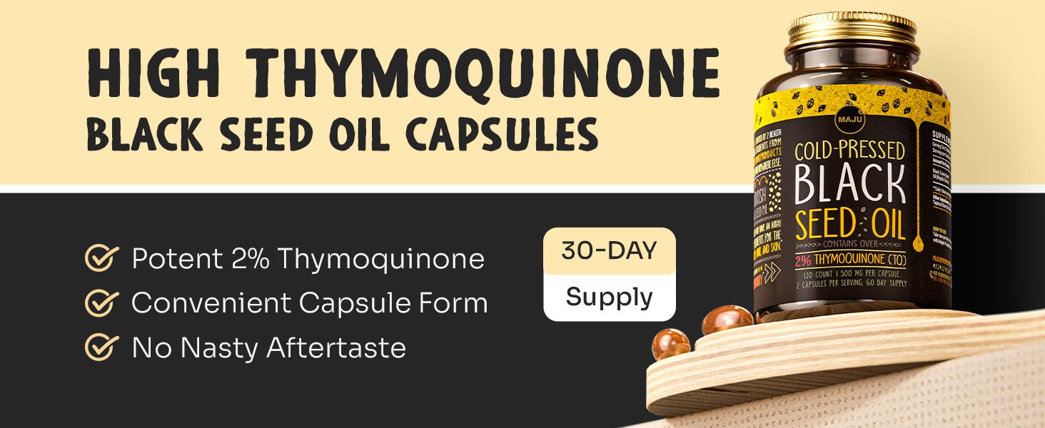 MAJU Black Seed Oil Capsules (120ct) - High Thymoquinone, Vitamin Supplement, Edible Dietary Healthcare Fitness Optimum Support