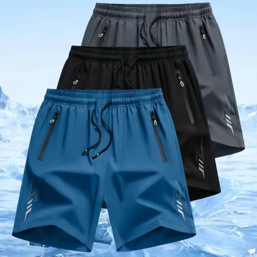 Men’s three pocket drawstring zip shorts in a sporty casual style. Elastic waistband with fluorescent green drawstrings adds a vibrant touch, side zipper pockets enhance practicality, and a small polka dot letter print provides visual recognition. Quick d