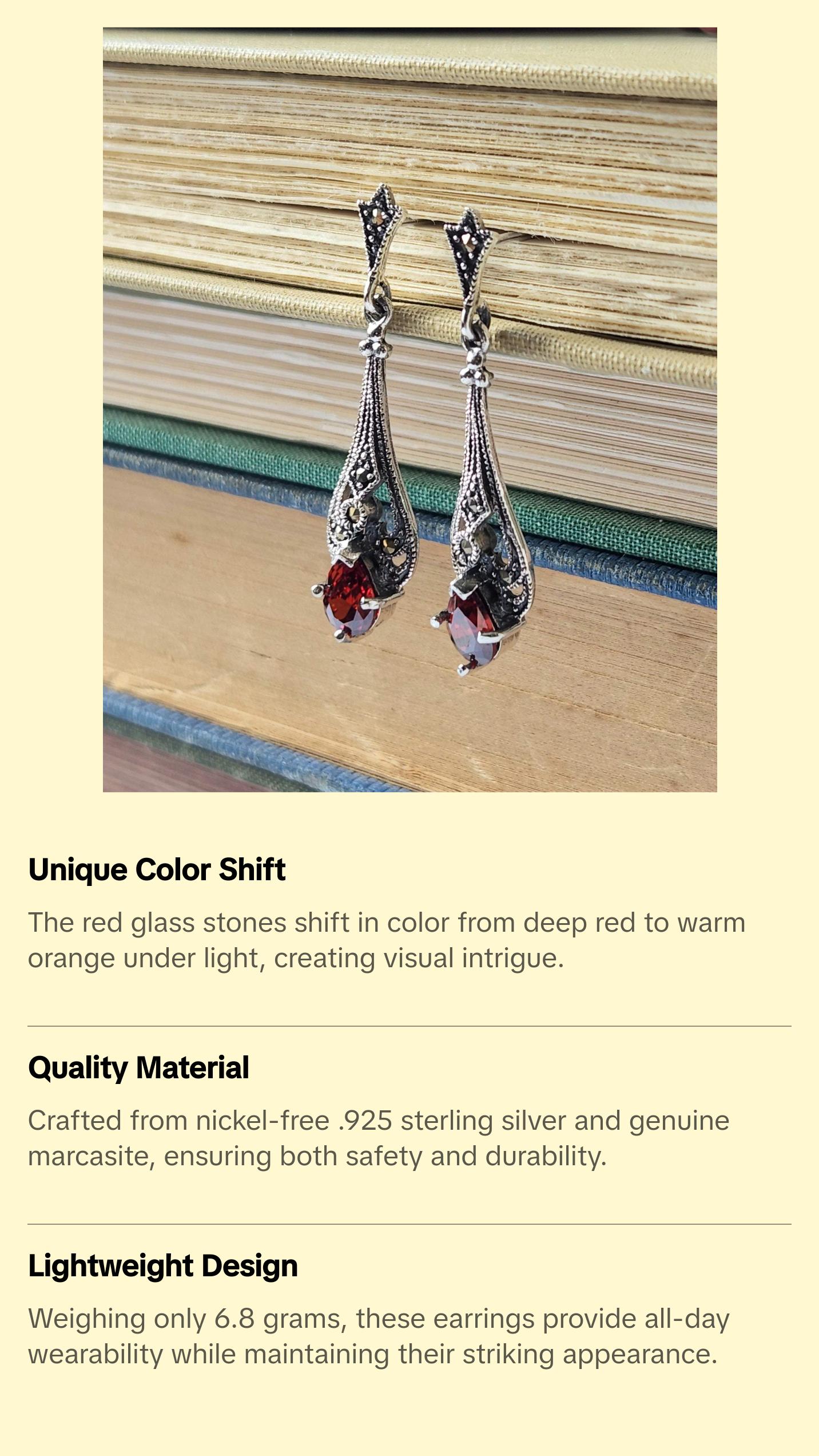 Victorian Gothic Red Glass & Marcasite Filigree Earrings | Romantic Dark Academia Aesthetic