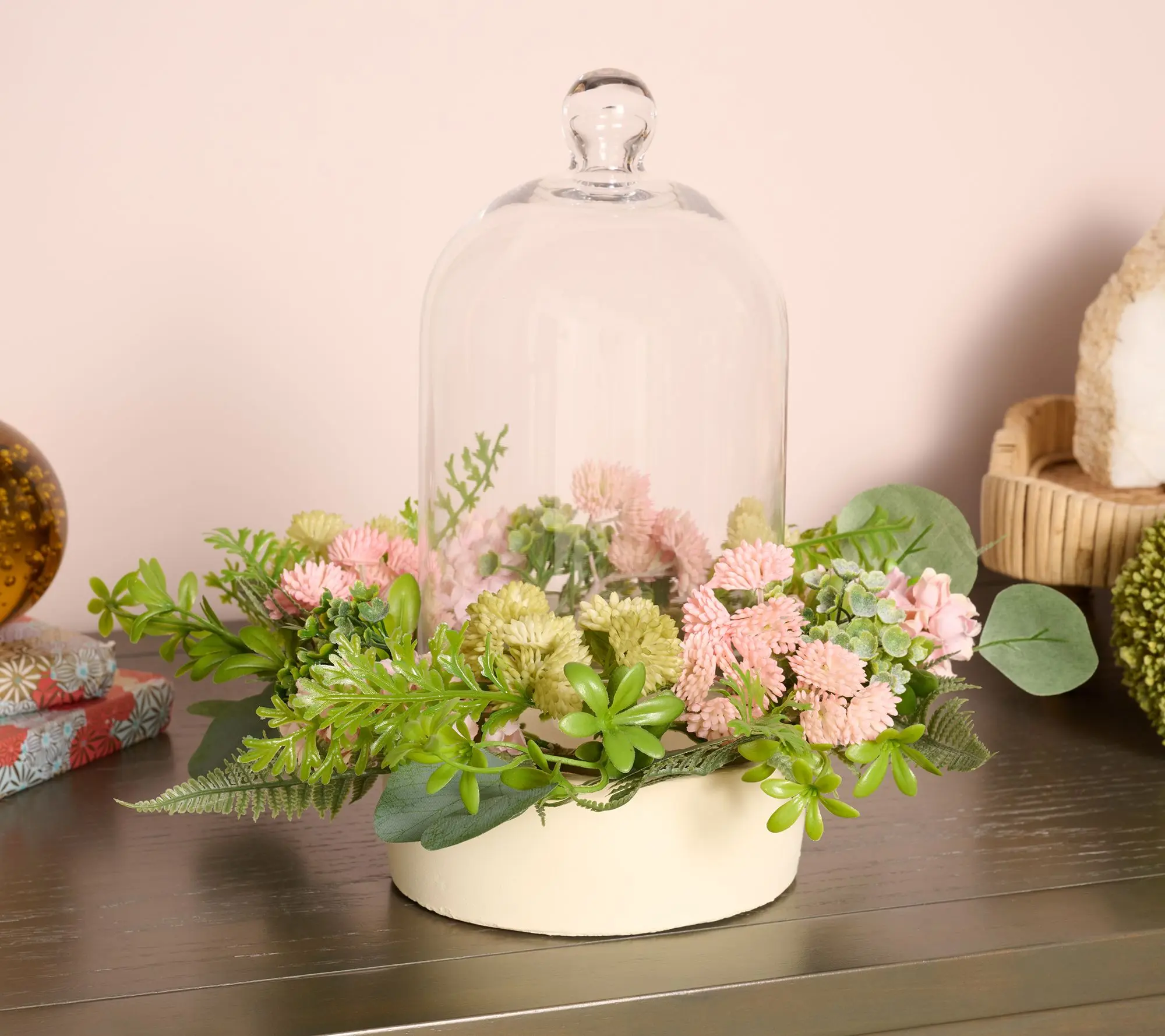 QVC 14-in Glass Cloche with Spring Wreath by Kim Gravel, Home Decor Accent Piece