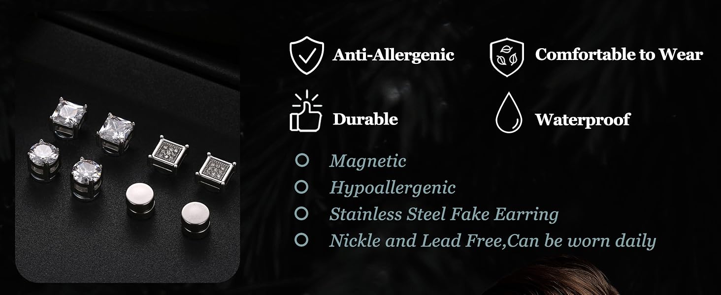 CASSIECA 4Pairs Magnetic Stud Earrings For Men Women Stainless Steel CZ Earrings Studs Square Round Non-Piercing Clip On Stud Earrings Set For Male 6mm 7mm 8mm