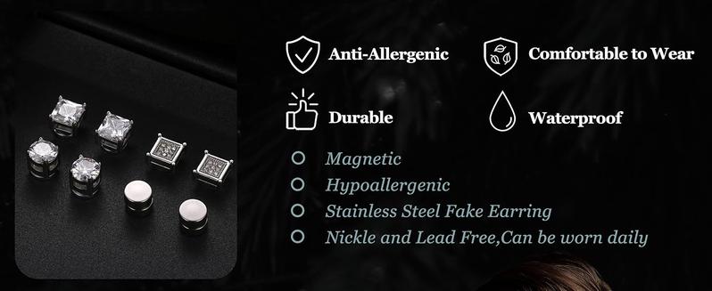 CASSIECA 4Pairs Magnetic Stud Earrings For Men Women Stainless Steel CZ Earrings Studs Square Round Non-Piercing Clip On Stud Earrings Set For Male 6mm 7mm 8mm