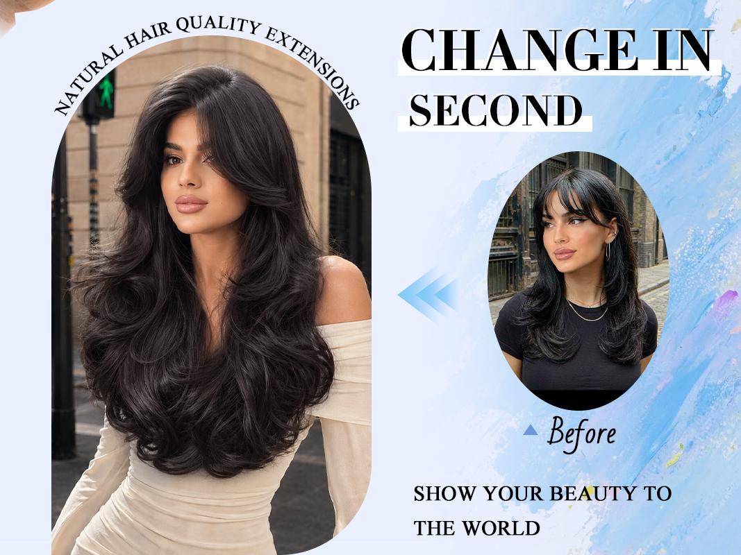 HIUSVO Clip in Hair Extensions, 1PCS Long Wavy Layered Synthetic Hair Extensions for Women Invisible Wire Hair Extensions Soft Hairpieces 20Inch/16Inch