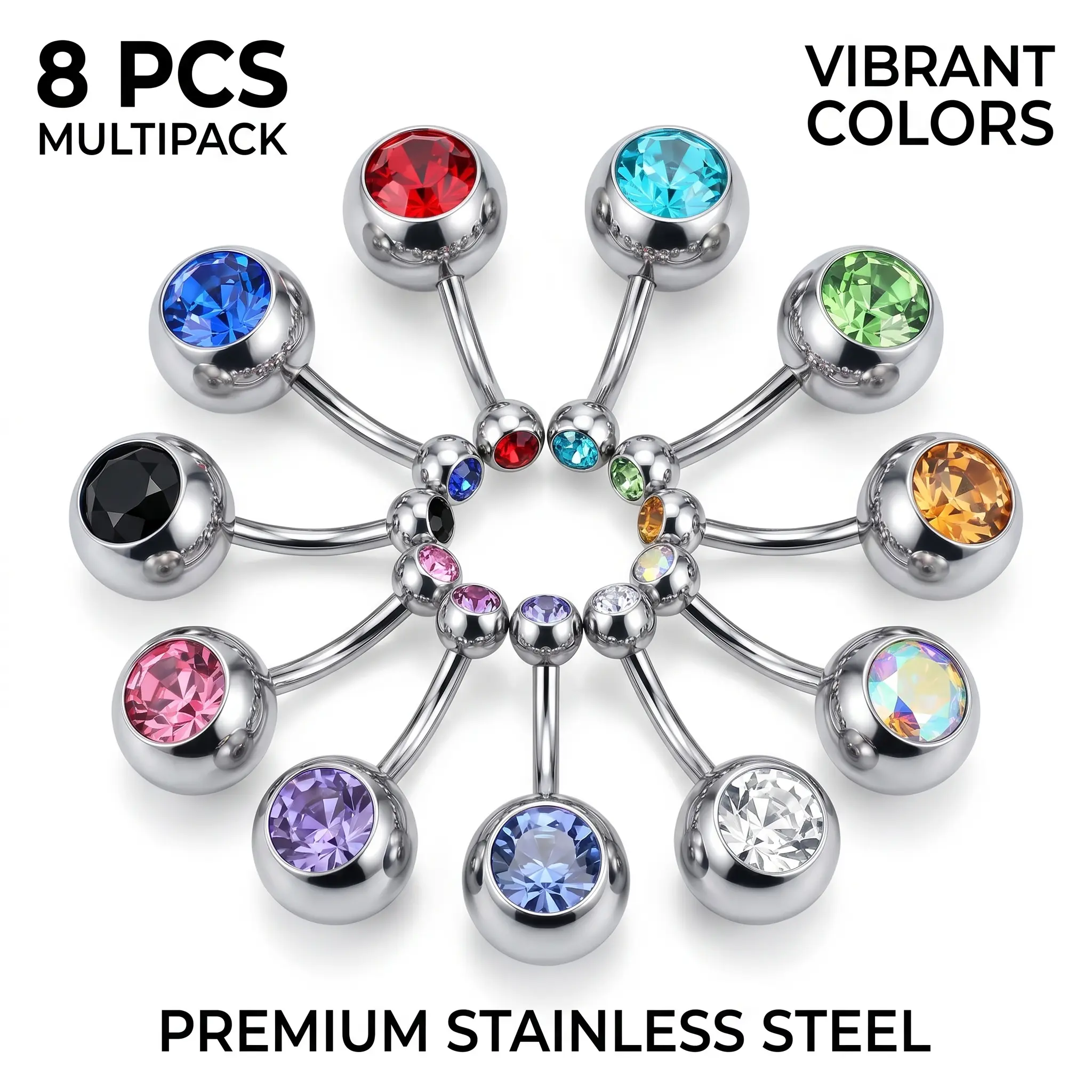 Women's 8-Piece Internally Threaded Stainless Steel Floating Belly Button Rings, Non-Toxic Sleek Body Piercing Jewelry with Solid CZ & Opal Tops, Trendy Punk Styling Multi-Pack