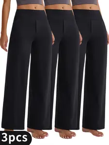 3PCS Black Grey khaki High-Waisted Tummy Control Straight Leggings with Side Pockets, Yoga Breathable Pants Suitable for All Seasons, Comfortable for Work and Hiking