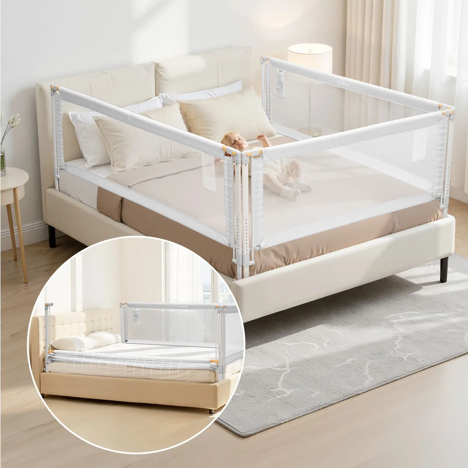 【DealsForYouDays】VEVOR 3 Piece Toddler Bed Rail, Kids Beds Guard Rail with Reinforced Iron Pipe and Oxford Cloth, Adjustable Height Bed Side Railing, Portable Guard Bumper Barrier for Queen Size, 3 Sides, Grey Safety Rails Nursery