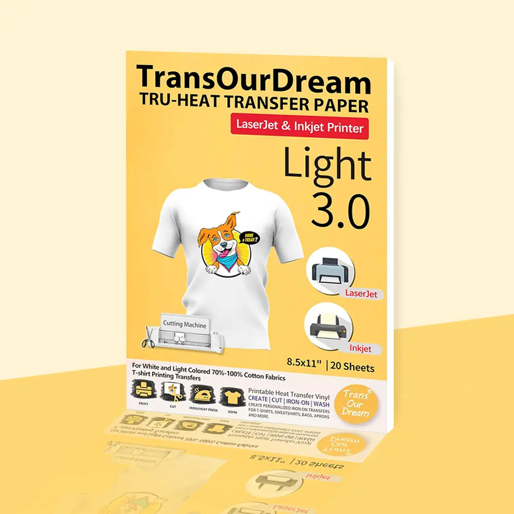 TransOurDream Tru-Heat Transfer Paper for Inkjet & Laserjet Printer (20 Sheets 8.5x11, 3.0) Printable HTV Heat Transfer Vinyl for T Shirts Iron on Transfers for Light Fabrics (TRANS-L3-1-20)
