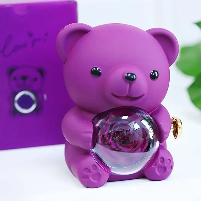 Cute Rose Bear & Heart Design Ring with Necklace,Gift Set for Valentine's Day,Mother's Day,Christmas & Thanksgiving Gift, Romantic Rose Flower Bear Teddy Gift for Her,Eternal Forever Rose Bear Gift Weddings Anniversary for Woman  #Summervibes