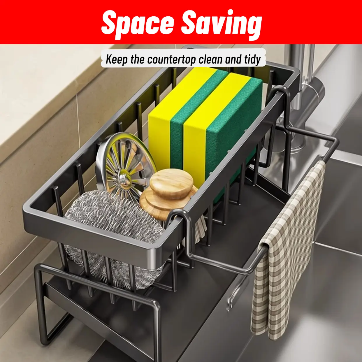 Kitchen Sink Corner Sponge Drain Rack Sink Caddy ultitunctional Durable Cleaning Tool Organizer Storage Rack Dish Soap Dishdoth Brushes Holder for Kitchen &Bathroom