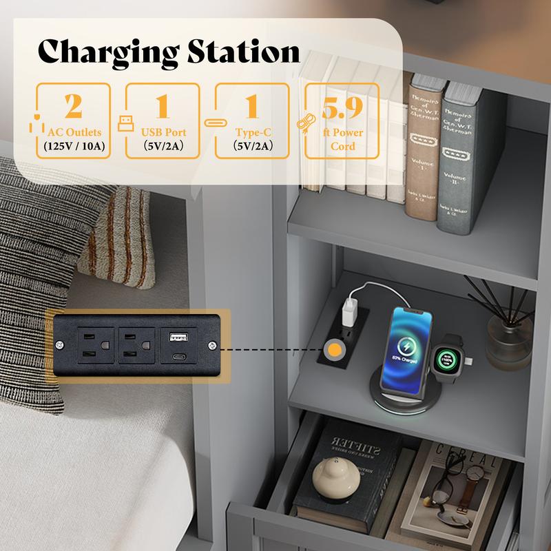 [Ships in 2 Boxes] AMERLIFE Murphy Bed with Bedside Tables, Foldable Cabinet with 3 Storage Drawers & Charging Station, Farmhouse Hideaway Bed for Bedroom/Office/Guest Room