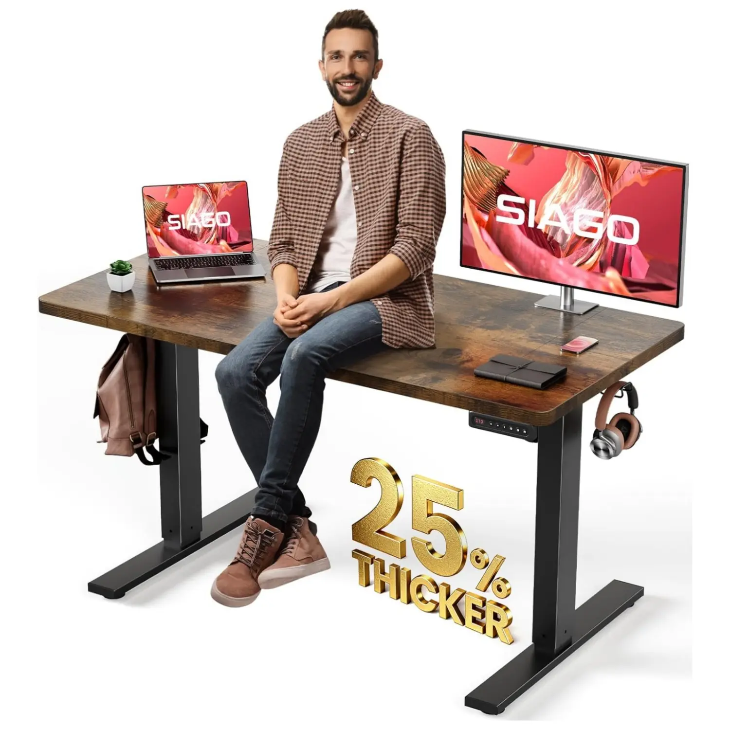 SIAGO Modern Height-Adjustable Electric Standing Desk - Auto-Adjust, Effortless Lifting, Smart Adjust Desk & Motorized Pedestal Table, Rock-Solid Steel & Wood Office Workstation, Cable Management, 3 Memory Presets, Quick Setup - Ideal Gift for Mothers, Au