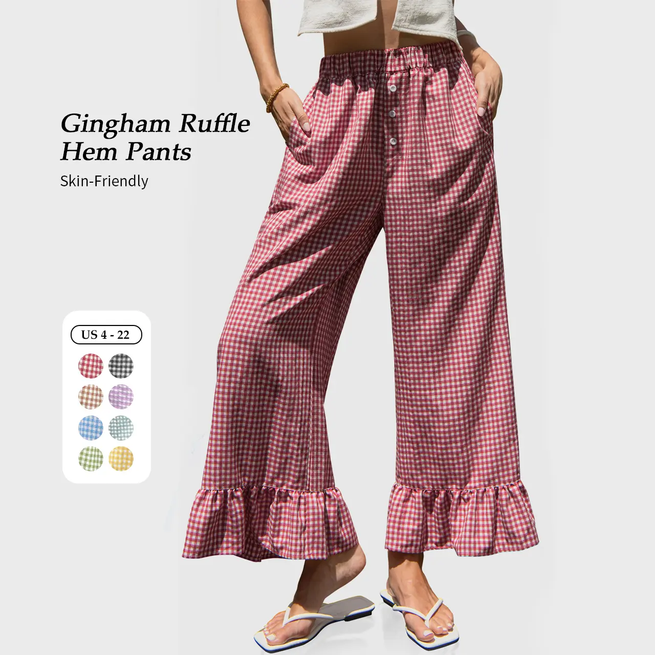 【SS26 Collection】TARSE Women’s Gingham Plaid Ruffle Palazzo Pants Flared Leg Baggy Drawstring Wide Leg Pants with Pockets Beach Travel Vacation Boho Bottoms
