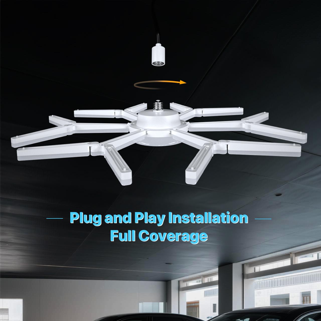 HYPERLITE 120W Bright LED Garage Light with Foldable Snowflake Panels 360 Degree Wide Lighting Easy Screw In Installation Energy Saving Durable Adjustable Angle High Lumen Output for Garage Basement Workshop Warehouse and More SpringGlowUp