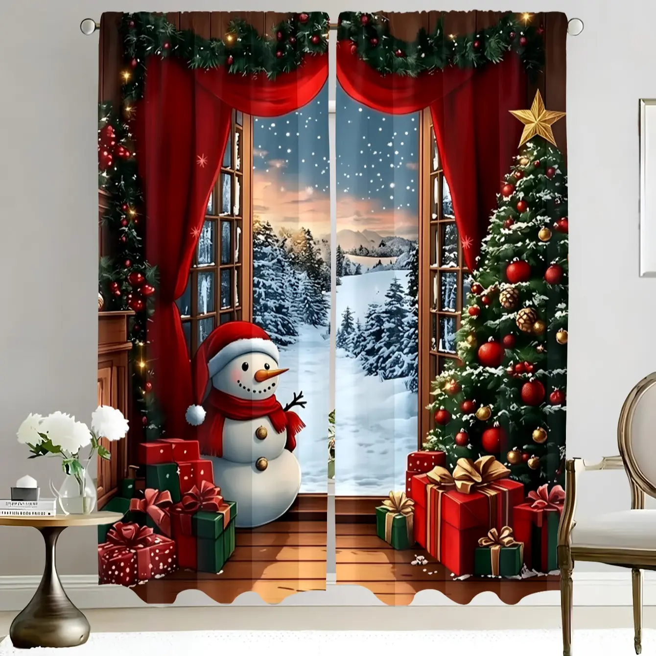 Christmas Decoration Theme Polyester Material, HD Digital Print Filtering Curtains, Window Curtain, Window Drapes, Suitable for Bedroom Living Room Office Home Decor