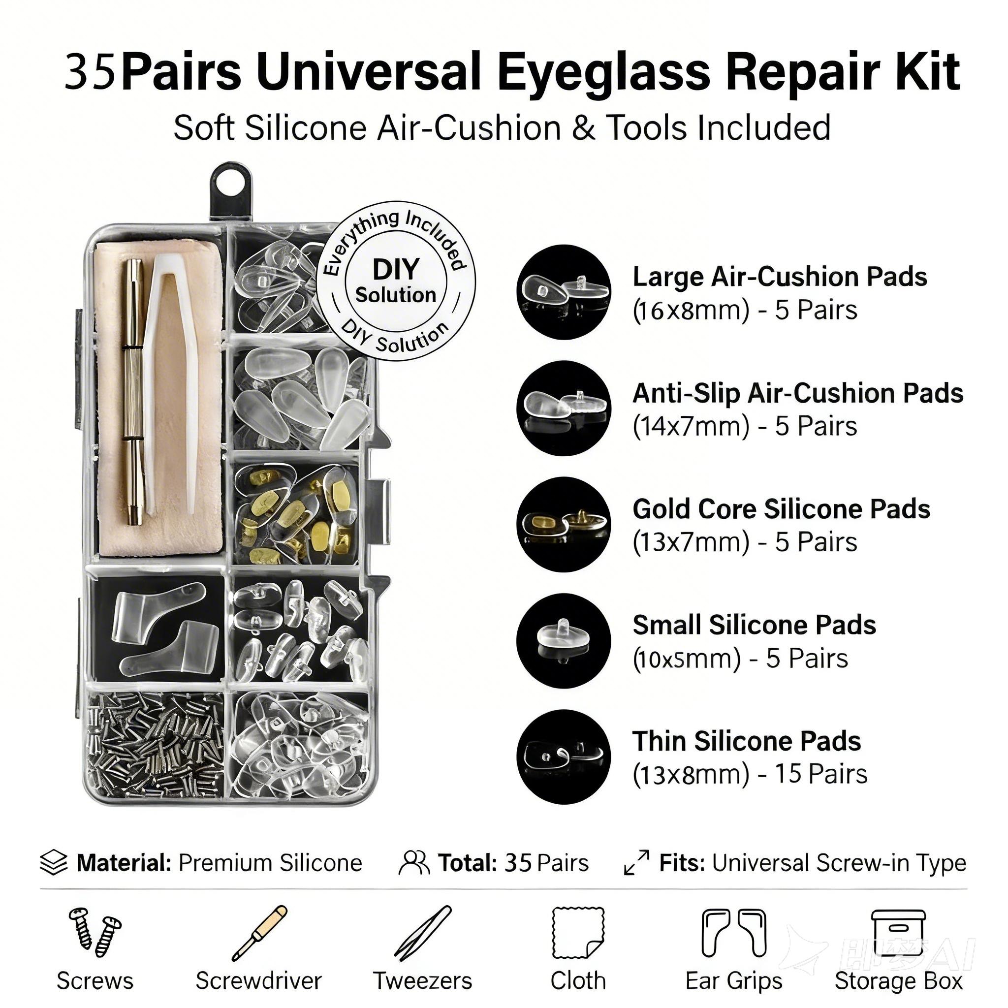 Eyeglass Nose Pads Kit, Upgraded Ultra-Soft Silicone Air Cushion Pads, Anti-Slip Screw-In Glasses Repair Set with Free Tools & Accessories, Reduces Pressure, Ensures Secure Fit for Daily Glasses Wearers