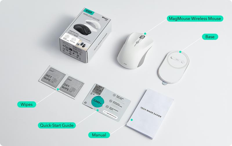 ESR MagMouse Wireless Bluetooth Mouse with Magnetic Base & Built-in Charging Cable - Lightweight, Rechargeable, Ergonomic Design, 6 DPI Levels, Silent Clicks, 2.4 GHz & Bluetooth 5.0 Dual Modes