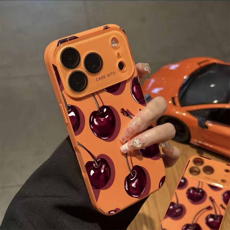 Low-Saturation Retro Red Cherry Pattern Dopamine Ins Style Solid Color Phone Case Ultra Skin Friendly Touch All Inclusive Lens Compatible with Apple iPhone 17 Air 16 15 14 13 12 Por Max