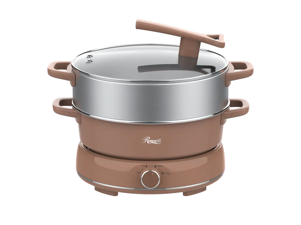 Rosewill 12.7 QT Electric Hot Pot with Multiple Functions, Split Design with 11.8 inch Wider Cooking Pot and SUS Steam Basket, 1600W High Power, Includes Utensils - Mocha