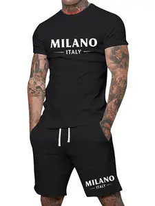 Men’s summer regular-fit cotton short-sleeve T-shirt and shorts set featuring Milan letter print. Fashionable casual menswear for going out, with a pocketed athletic design and elastic drawstring waist. Suitable for running, golf, fishing, basketball, cam