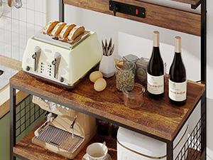 Kitchen Bakers Rack with Power Outlet, Coffee Bar Table 4 Tiers, Microwave Oven Stand Station, Adjustable Storage Shelf for Spices, Freestanding Appliance Organizer