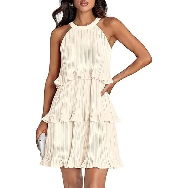 ZESICA Women's 2025 Summer Halter Dresses Sleeveless Ruffle Tiered Layered Chiffon Pleated A Line Swing Mini Dress