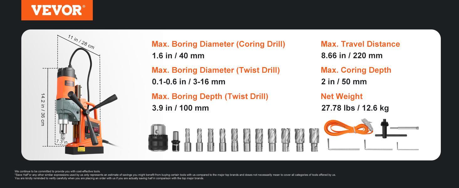 VEVOR Magnetic Drill, TikTokShopBlackFriday, 1450W 1.57" Boring Diameter, 12500N 850 RPM Portable Electric Mag Drill Press, with Variable Speed, Drilling Machine for any Surface Home Improvement Industry Railway