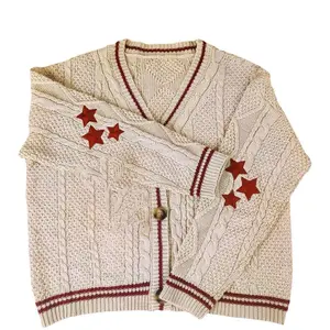 Knit Print Winter Cardigan Sweater Chic Vintage Star Preppy Long Sleeve Autumn V Neck Aesthetic Retro Single Breasted Sweaters Knitwear Tops Casual Womenswear