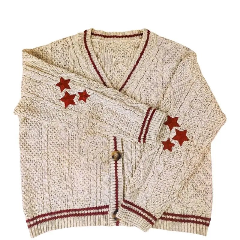 Women's Retro Star Print Cardigan, Chic Preppy V-Neck Long Sleeve Knit Sweater for Autumn Winter, Knitting, Casual, Lady, Knitwear, Longsleeves, Comfortable, Style, Fitted, Vintage, Button, Top