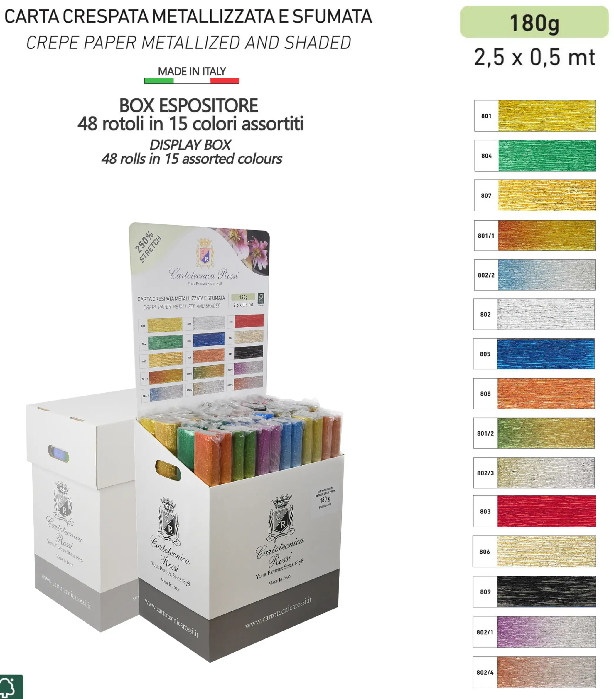 Crepe Paper Italian METALLIC Superior Florist  180g (144 g/m²) 50x250  - Cartotecnica Rossi
