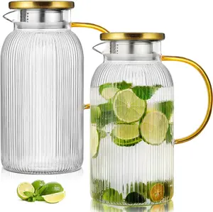 2 PACK 68 oz Glass Pitcher with Lids, Classic Vertical Stripes Pitcher with Lid and Handle, Water Jug for Hot/Cold Drinks, Borosilicate Glass Carafe for Coffee, Iced Sun Tea, Juice, Sangria