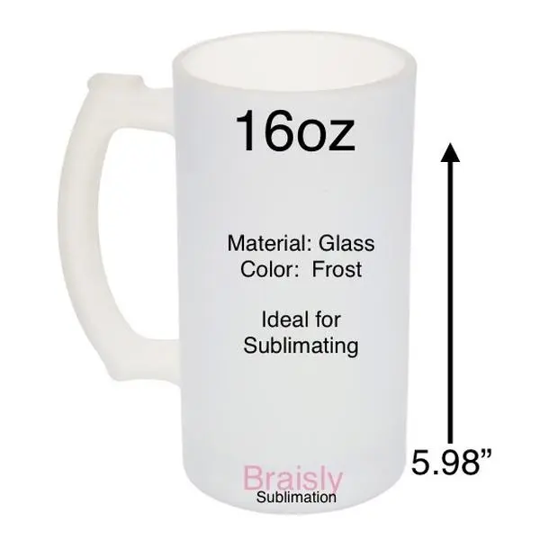 Braisly Sublimation 16oz Glass Mug Frost Color 5.98" Tall Ideal for Sublimating Projects Tumbler Cup Washable Reusable
