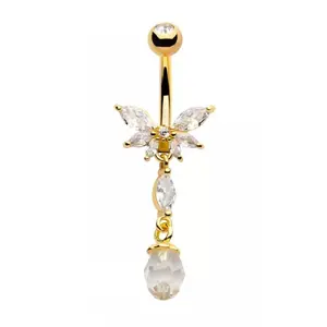 CZ Crystal Butterfly with Dangling Gems Belly Button Ring - 316L Stainless Steel