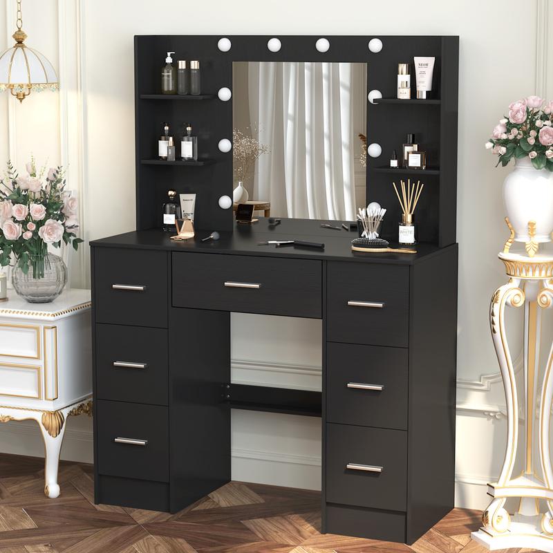 Black LED Dressing Mirror Makeup Table Bedroom Vanity Unit Set with 7 Drawers