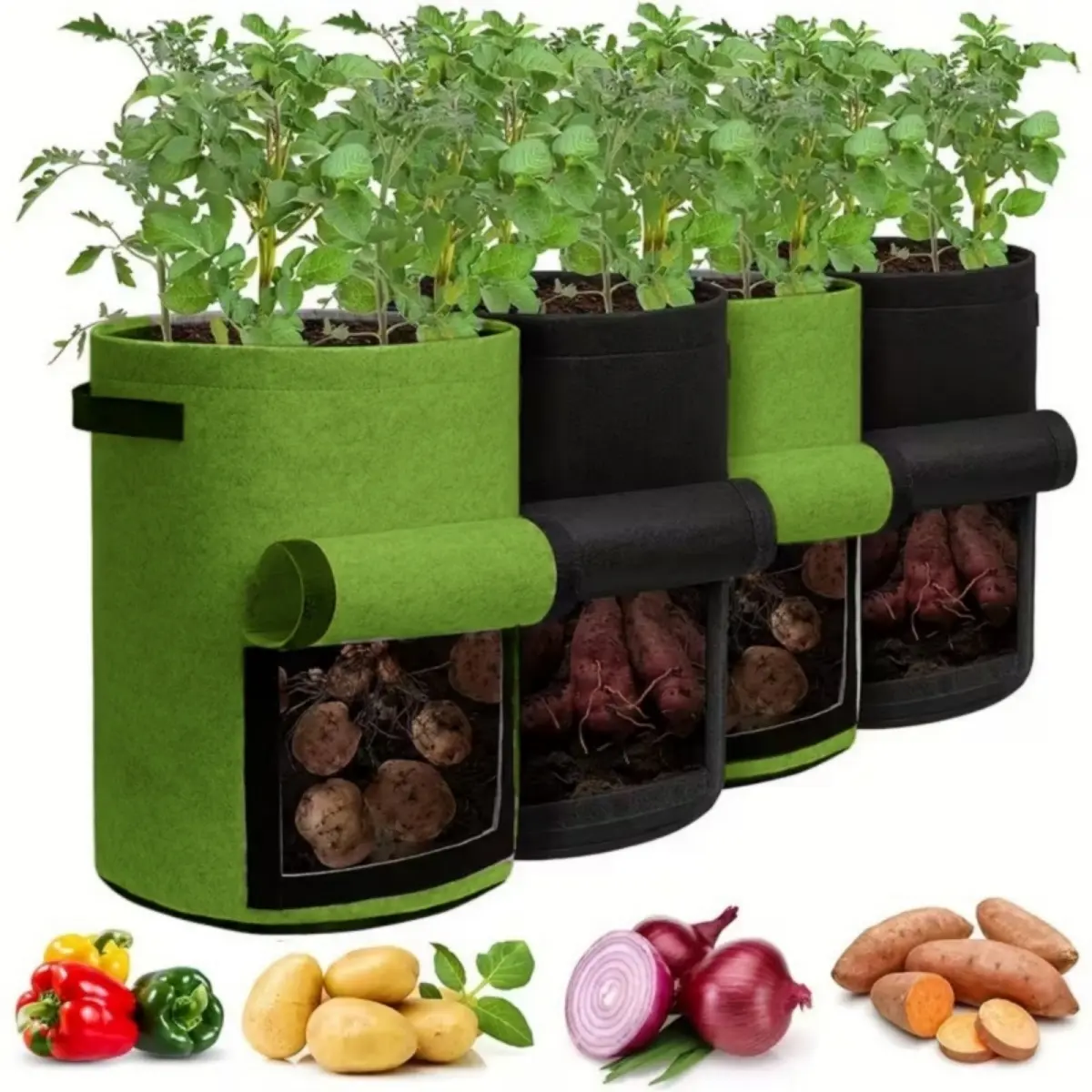 Reusable Fabric Grow Bags (4-Pack) with Flap, Handles, Harvest Window for Potatoes, Tomatoes, Vegetables – Suitable for Balcony, Sunrooms, Container Gardening (Black & Green/Black & Gray), Reusable Planting Bag, Balcony/Garden