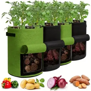 Potato Grow Bags with Flap , 4 Pack Planter Pot with Handles and Harvest Window for Potato Tomato and Vegetables,Suitable for Balcony, Garden, Vegetable Cultivation Bags, a Home Gardening, Black and Green/Black and Gray