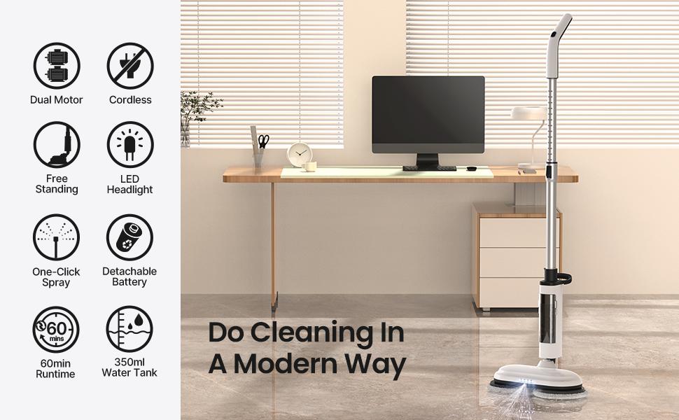 iDOO Cordless Electric Spin Mop Pro with LED Light, Mist Spray, Transparent Water Tank & Reusable Cloths for Effortless Cleaning of Household Items