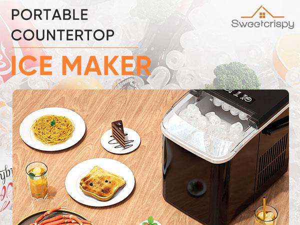 SweetFurniture Countertop Ice Maker Machine, Basket and Handle, 9 Cubes in 6 Mins, 26.5lbs/24Hrs, 2 Sizes of Bullet Kitchen Utensils