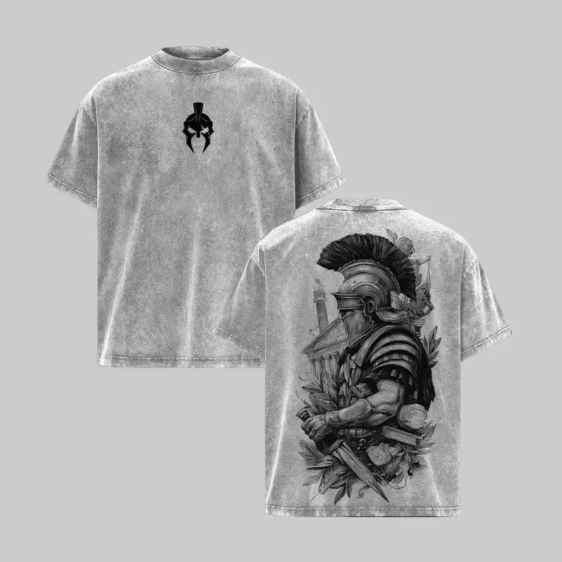 Spartan Warrior - Vintage Washed Graphic Tee Oversized Tshirt Men Streetwear Heavy Cotton Fall Outfits Clothes Men Retro Style Historical Graphic T-Shirt Roman Gladiator Armor Art Vintage Tees Trendy T-Shirts Gift for Men Apparel Seamless