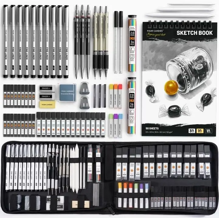 Four Candies 73PCS Advanced Art Supplies Drawing Kit with Fineliner Pens, Mechanical Pencils,3-Color Sketchbook, Charcoal Sticks,Pastels for Sketching Drawing Comics Gifts for Professionals Artists,Artist Drafting Art Materials