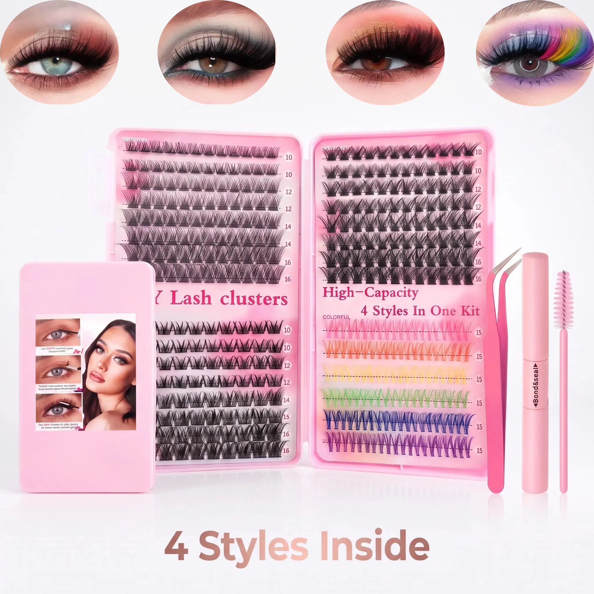 4-in-1 DIY Mink Fake Lash Clusters Tray, Mixed Length Dramatic Black Rainbow Individual Eyelashes for Beginners, Daily Cosplay Party Makeup Natural Flawless Set