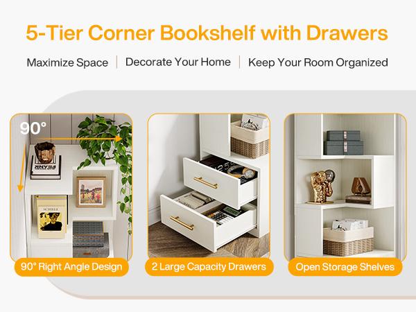 Tribesigns 5-Tier Corner Bookshelf with 2 Drawers, 66.9-Inch Tall, Modern Simple Corner Storage Cabinet Display Rack for Living Room, Home Office