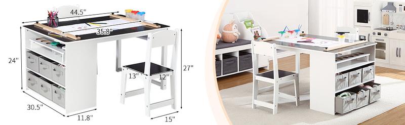 GARVEE Versatile Wooden Activity Table and Chair Set with Storage Bins and Portable Art Supply Organizer for Creative Play and Learning in Stylish Yellow and White or Grey Finish.