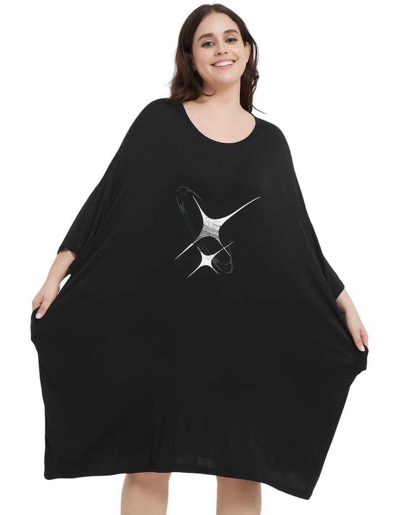KFUBUO Plus Size Nightgowns for Women Oversized Sleep Shirts Bamboo Viscose Sleep Tee Short Sleeves Print Sleepwear With Pocket  Comfortable Cute Fits S-5XL Pajamas  Loungewear Soft Stretchy