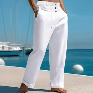 Fashion Straight Cotton and Linen Strap Beach High Waist Casual Trousers Men
