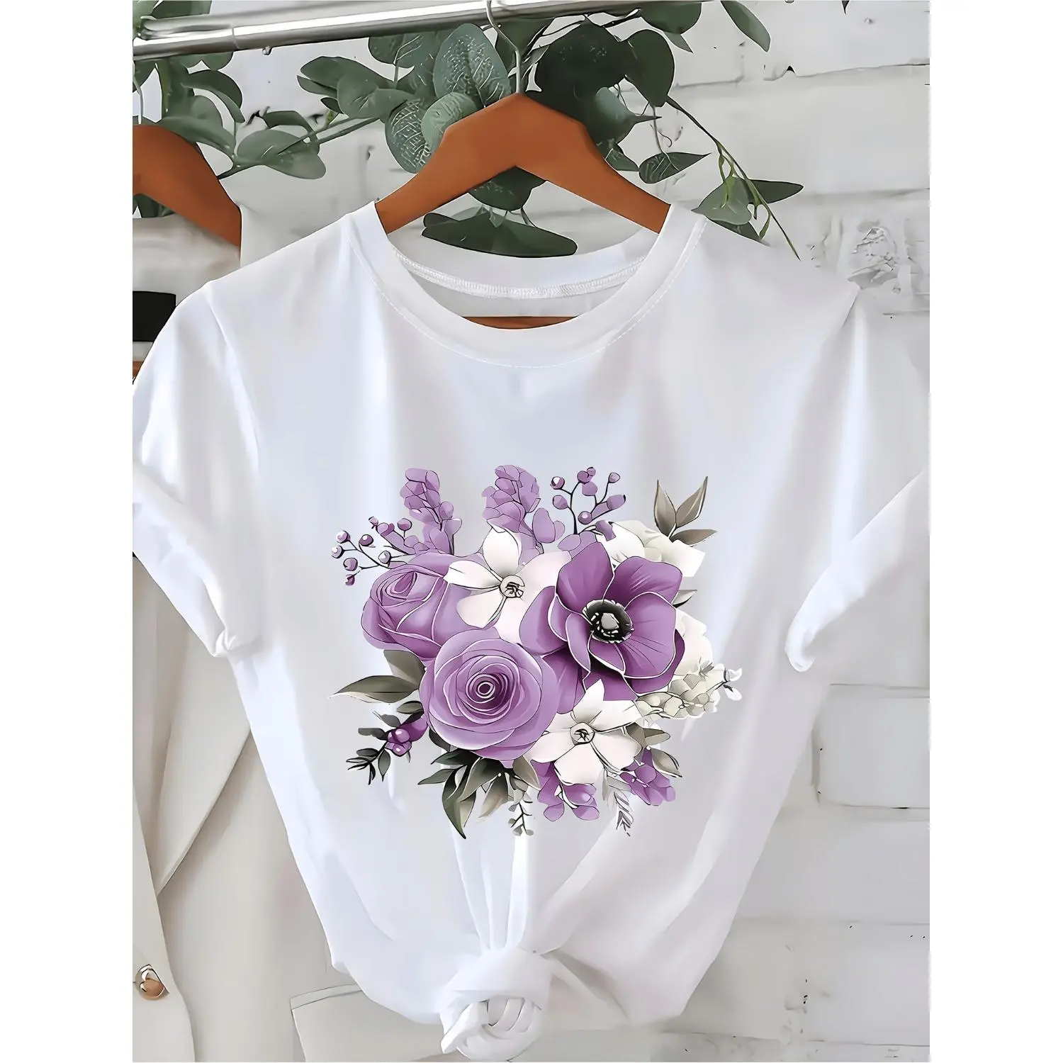 Lavender Purple Rose And Green Leaf Print Womens Bohemian Style Floral Tshirt Crafted From Lightweight Breathable Fabric Ideal For Casual And Formal Occasions In Spring And Summer