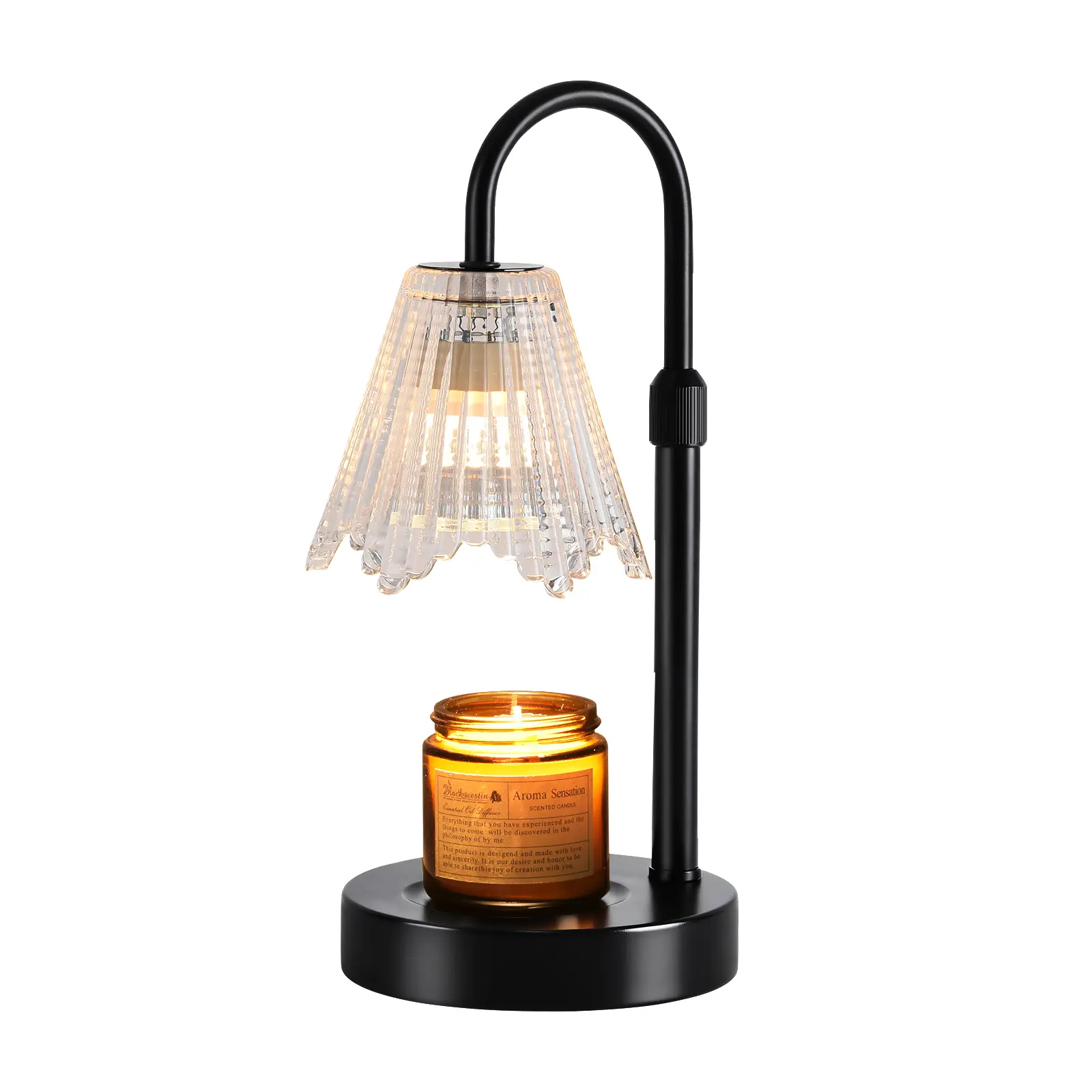 Black Metal Electric Candle Warmer Lamp with Adjustable Neck, Crystal Shade, Gooseneck Design, Ambient Light & Dual-Use Functionality - Smoke-Free Safe Home Indoor Lighting Accessory